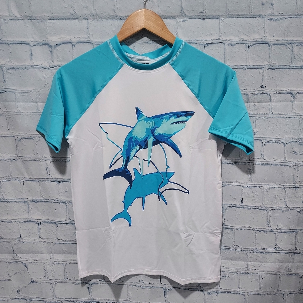 Lands' End Boys Size XS 4-5 White/Blue Shark Graphic Rash Guard Top T-Shirt NWOT
